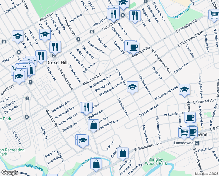 map of restaurants, bars, coffee shops, grocery stores, and more near 185 West Plumstead Avenue in Lansdowne