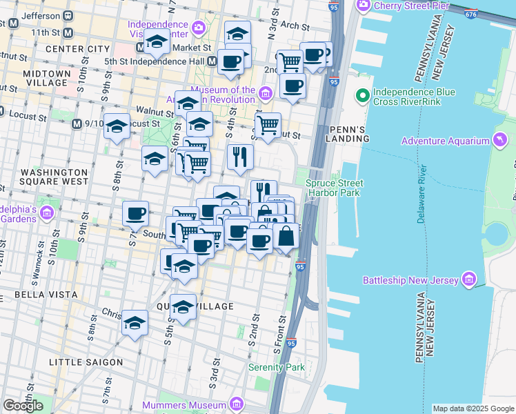 map of restaurants, bars, coffee shops, grocery stores, and more near 231 Pine Street in Philadelphia