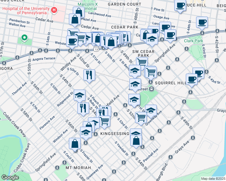 map of restaurants, bars, coffee shops, grocery stores, and more near 1133 South 52nd Street in Philadelphia