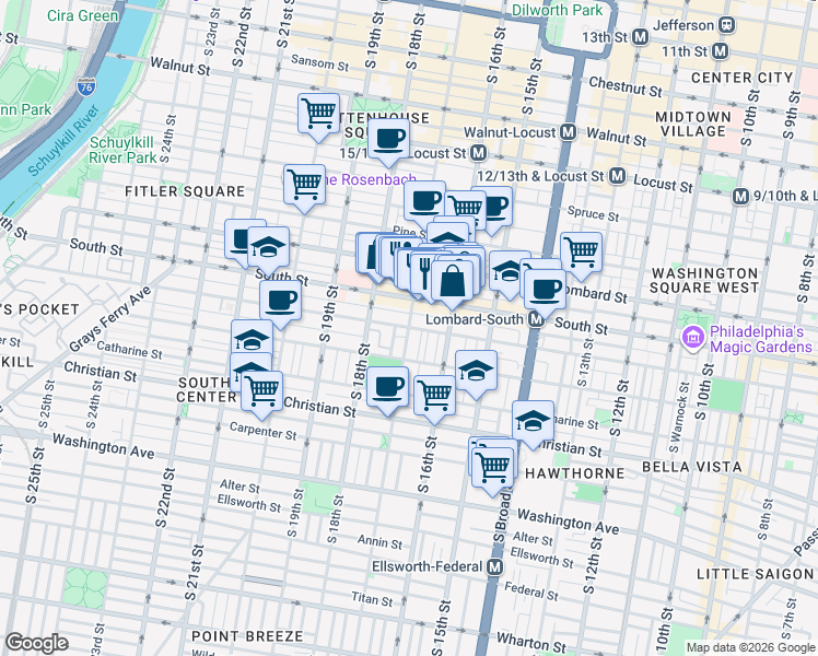 map of restaurants, bars, coffee shops, grocery stores, and more near South 17th Street & Bainbridge Street in Philadelphia