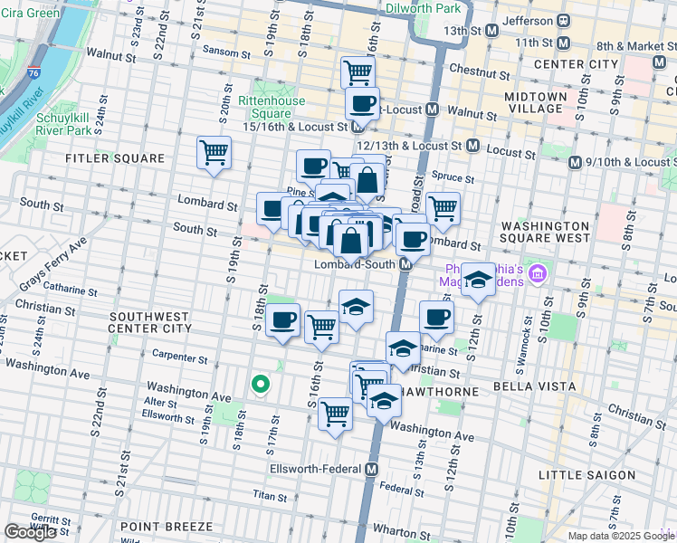 map of restaurants, bars, coffee shops, grocery stores, and more near 619 South 16th Street in Philadelphia