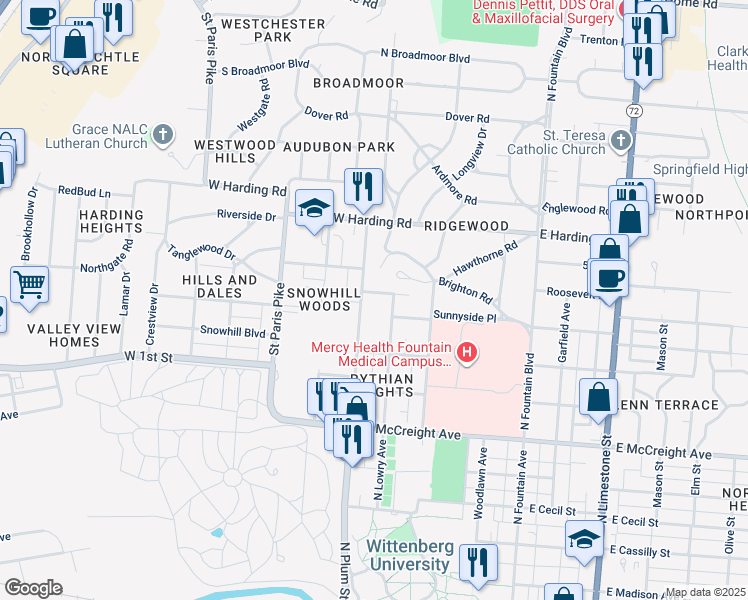 map of restaurants, bars, coffee shops, grocery stores, and more near 321 Glendale Drive in Springfield