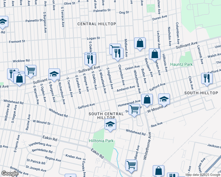 map of restaurants, bars, coffee shops, grocery stores, and more near 587 South Highland Avenue in Columbus
