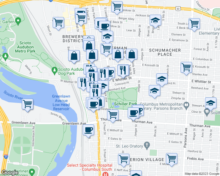 map of restaurants, bars, coffee shops, grocery stores, and more near 929 South 3rd Street in Columbus