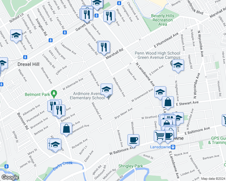 map of restaurants, bars, coffee shops, grocery stores, and more near 145 Berkley Avenue in Lansdowne