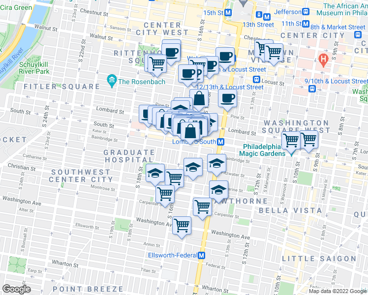 map of restaurants, bars, coffee shops, grocery stores, and more near 619 South 16th Street in Philadelphia