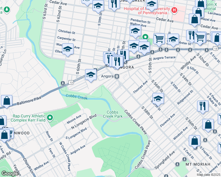 map of restaurants, bars, coffee shops, grocery stores, and more near 5850 Fernwood Street in Philadelphia