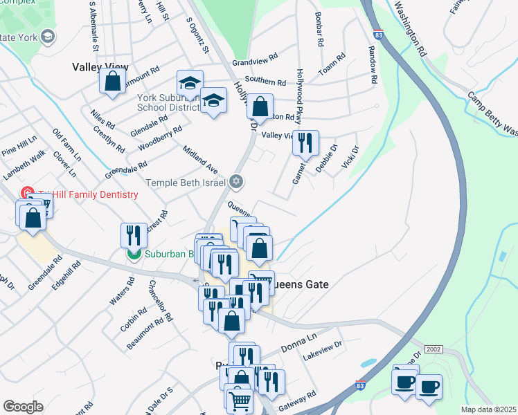 map of restaurants, bars, coffee shops, grocery stores, and more near 1927 Queenswood Drive in York