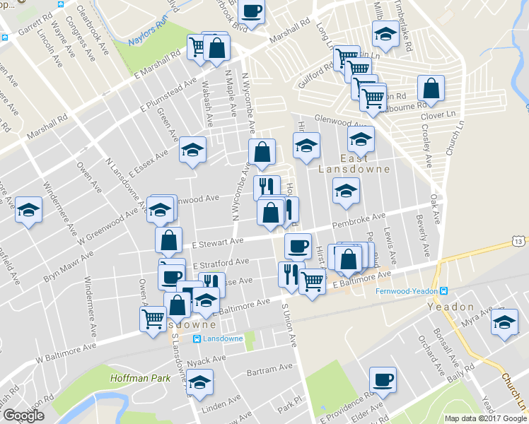 map of restaurants, bars, coffee shops, grocery stores, and more near 133 McKinley Avenue in Lansdowne