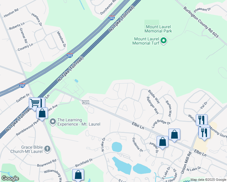 map of restaurants, bars, coffee shops, grocery stores, and more near 2401 Stokes Road in Mount Laurel Township