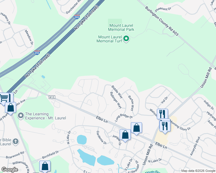 map of restaurants, bars, coffee shops, grocery stores, and more near 63 Biddle Way in Mount Laurel Township