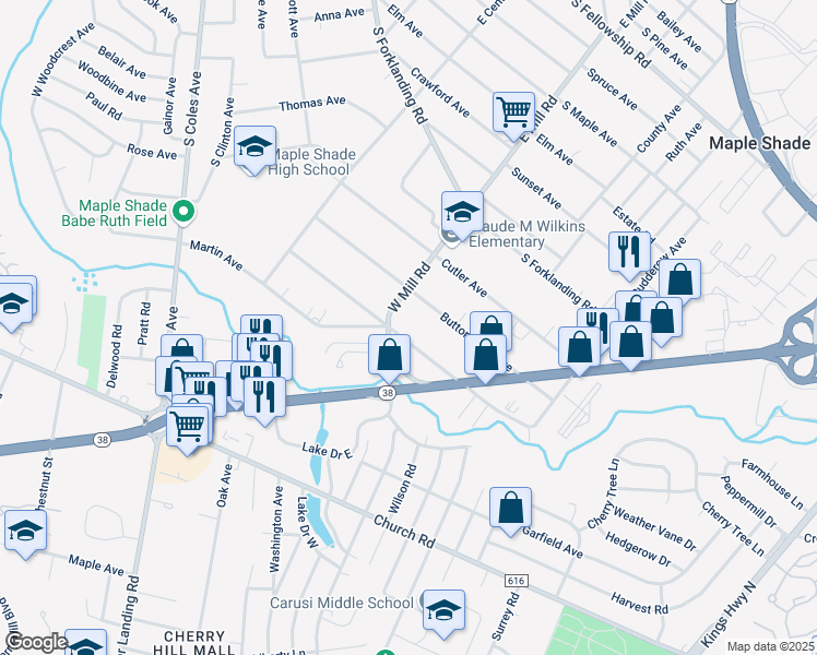 map of restaurants, bars, coffee shops, grocery stores, and more near 511 Alexander Avenue in Maple Shade Township