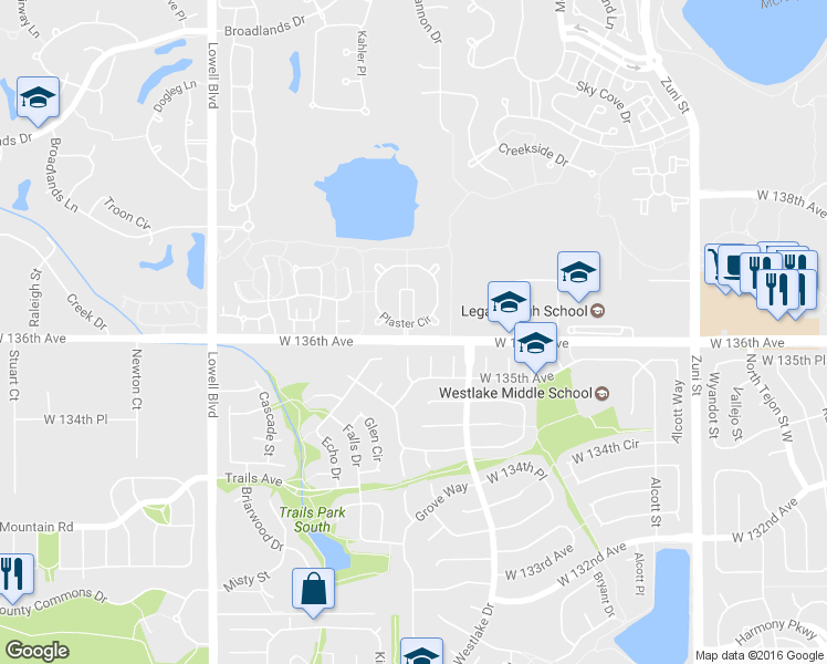 map of restaurants, bars, coffee shops, grocery stores, and more near 13602 Plaster Circle in Broomfield