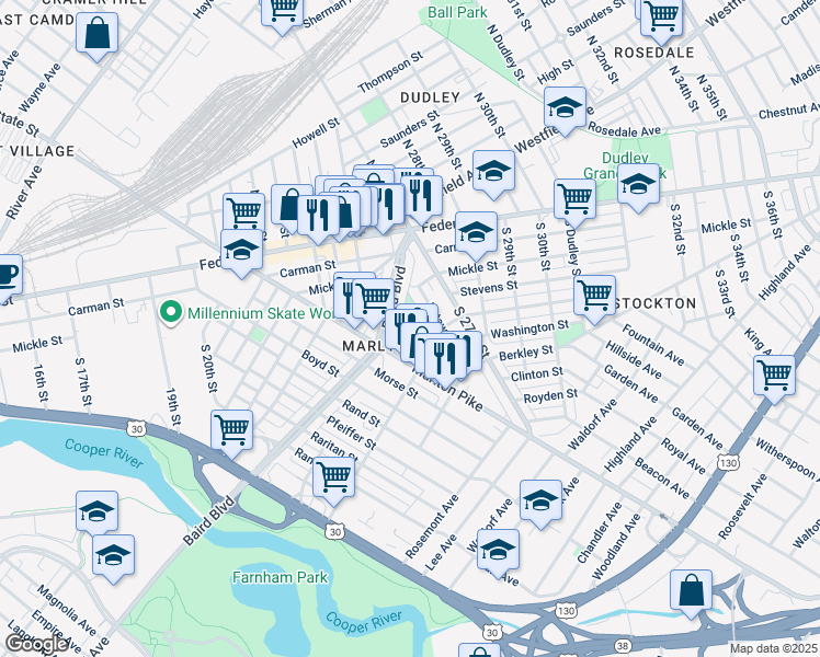 map of restaurants, bars, coffee shops, grocery stores, and more near 230 Grand Avenue in Camden