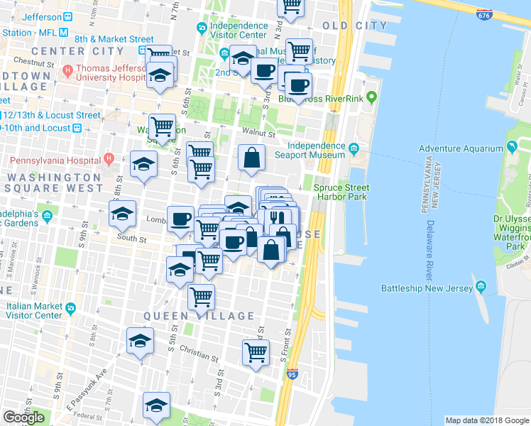 map of restaurants, bars, coffee shops, grocery stores, and more near in Philadelphia