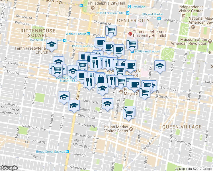 map of restaurants, bars, coffee shops, grocery stores, and more near in Philadelphia