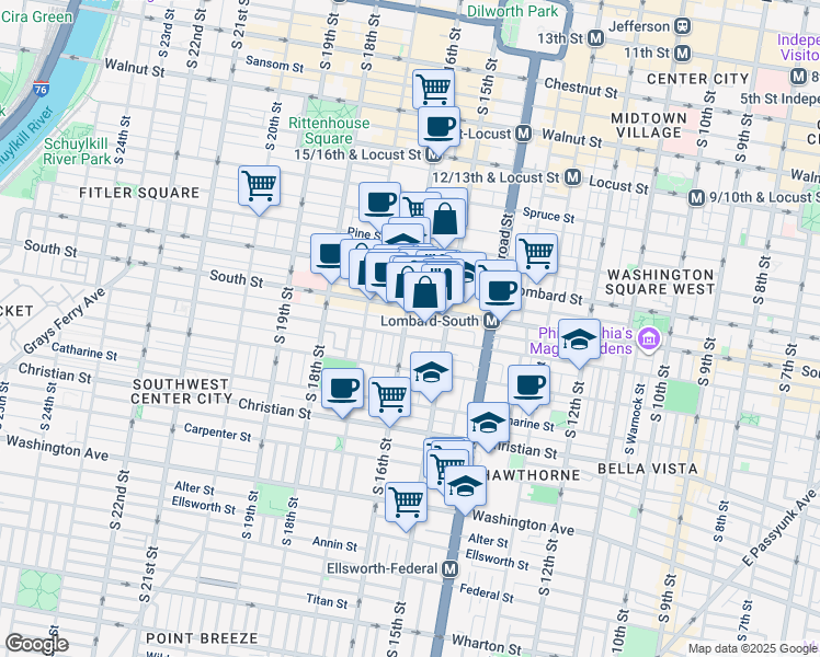 map of restaurants, bars, coffee shops, grocery stores, and more near 1520-36 South Street in Philadelphia