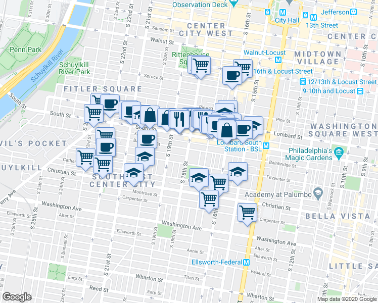 map of restaurants, bars, coffee shops, grocery stores, and more near 608 South 18th Street in Philadelphia