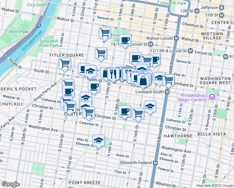 map of restaurants, bars, coffee shops, grocery stores, and more near in Philadelphia