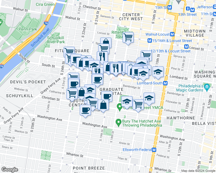 map of restaurants, bars, coffee shops, grocery stores, and more near 710 South 19th Street in Philadelphia