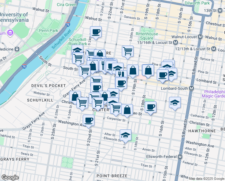 map of restaurants, bars, coffee shops, grocery stores, and more near 2054 Pemberton Street in Philadelphia