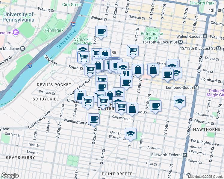 map of restaurants, bars, coffee shops, grocery stores, and more near 2054 Pemberton Street in Philadelphia