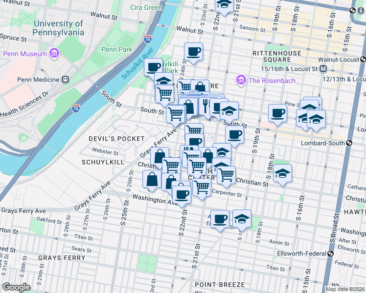 map of restaurants, bars, coffee shops, grocery stores, and more near 2230 Fitzwater Street in Philadelphia
