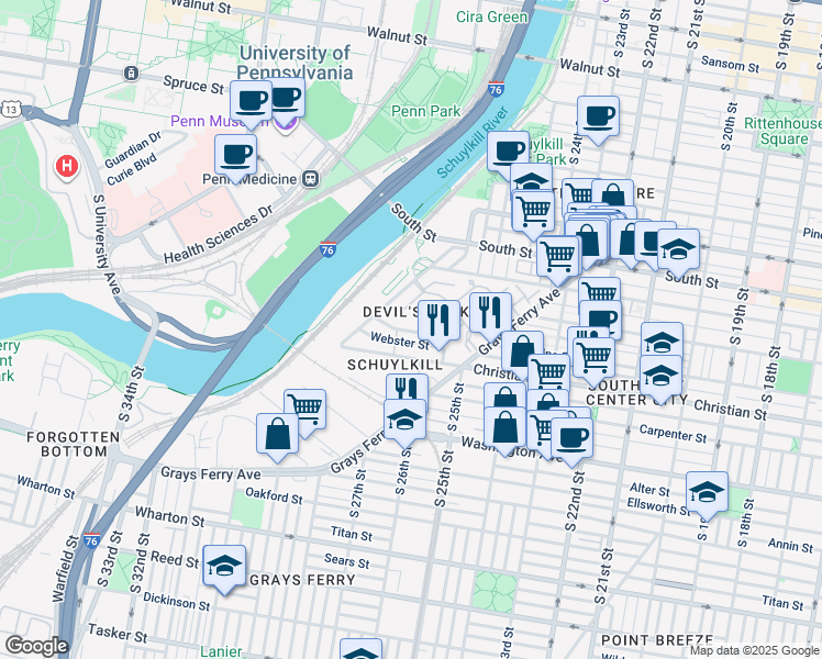 map of restaurants, bars, coffee shops, grocery stores, and more near 2613 Catharine Street in Philadelphia