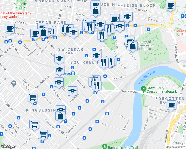 map of restaurants, bars, coffee shops, grocery stores, and more near 4718 Reinhard Street in Philadelphia