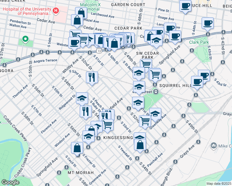 map of restaurants, bars, coffee shops, grocery stores, and more near 1121 South 52nd Street in Philadelphia