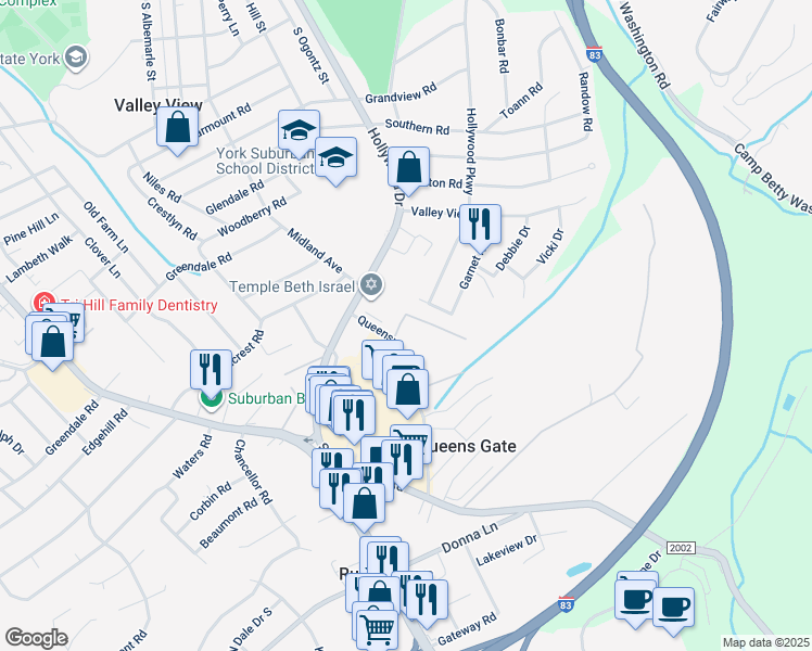 map of restaurants, bars, coffee shops, grocery stores, and more near 2090 Hollywood Drive in York