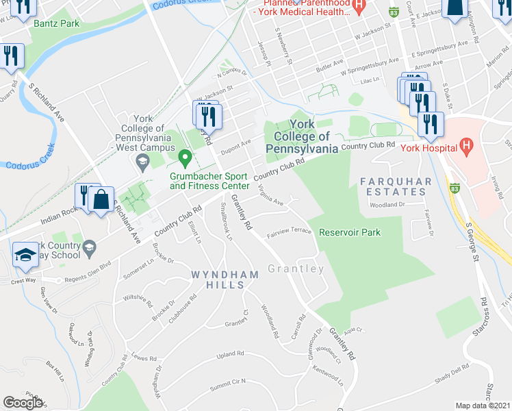 map of restaurants, bars, coffee shops, grocery stores, and more near 504 Villa Terrace in York