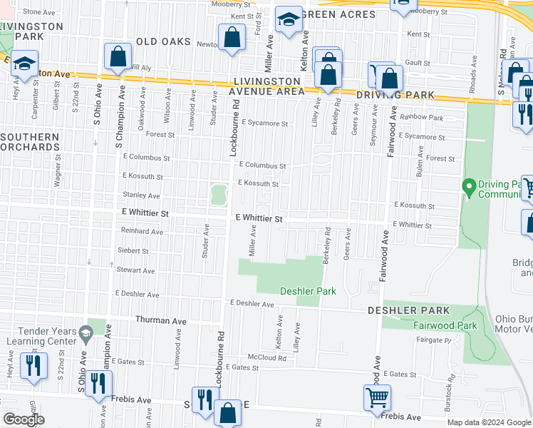 map of restaurants, bars, coffee shops, grocery stores, and more near 1112 Miller Avenue in Columbus