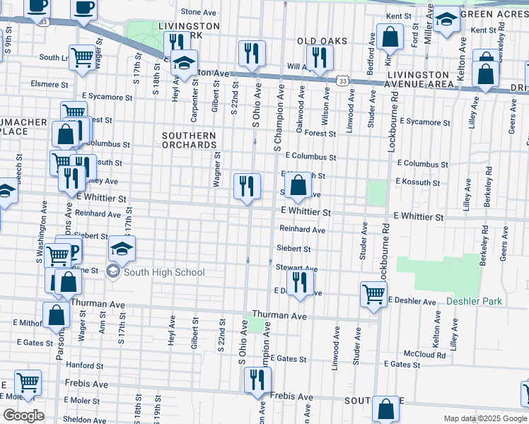 map of restaurants, bars, coffee shops, grocery stores, and more near 955 East Whittier Street in Columbus