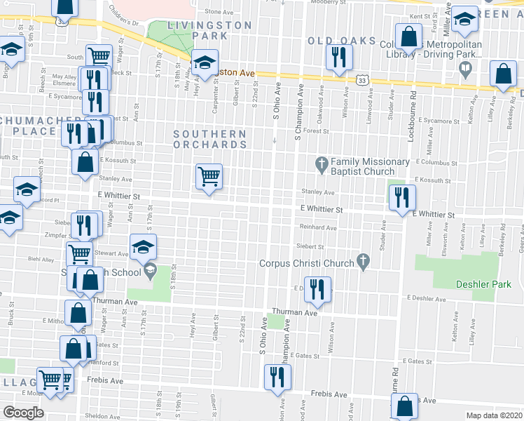 map of restaurants, bars, coffee shops, grocery stores, and more near 899 East Whittier Street in Columbus
