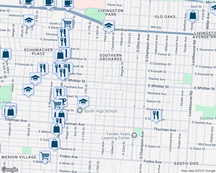 map of restaurants, bars, coffee shops, grocery stores, and more near 801 East Whittier Street in Columbus