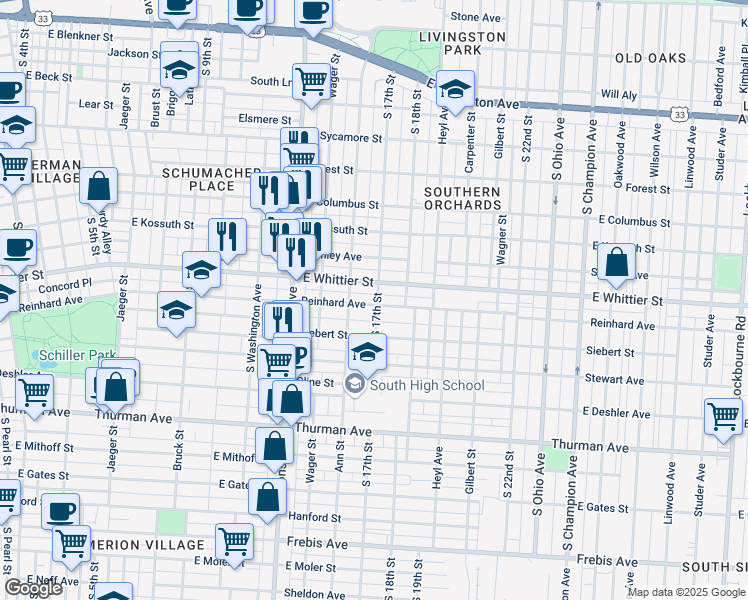 map of restaurants, bars, coffee shops, grocery stores, and more near 618 Reinhard Avenue in Columbus