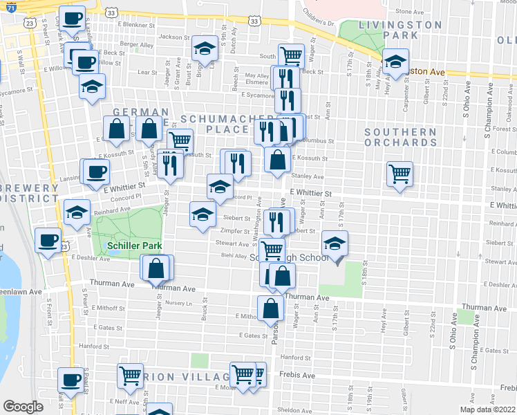 map of restaurants, bars, coffee shops, grocery stores, and more near South Washington Avenue & Reinhard Avenue in Columbus