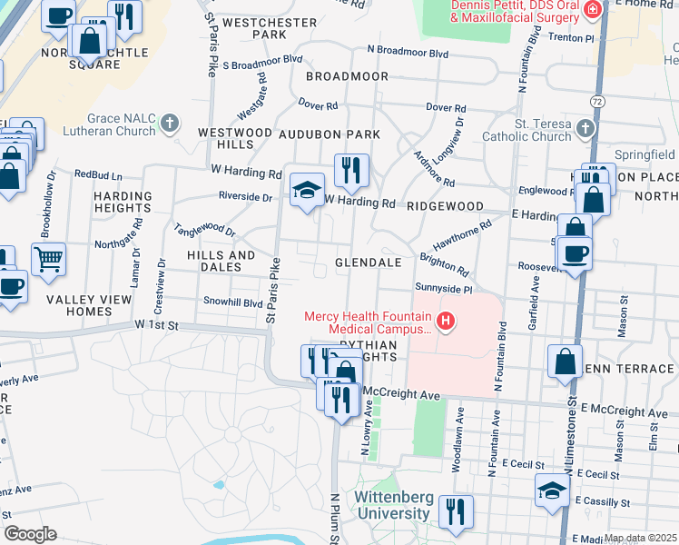 map of restaurants, bars, coffee shops, grocery stores, and more near 1514 Ridgeview Circle East in Springfield