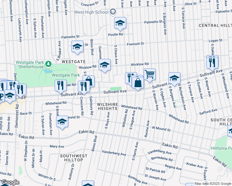 map of restaurants, bars, coffee shops, grocery stores, and more near 2893 Sullivant Avenue in Columbus