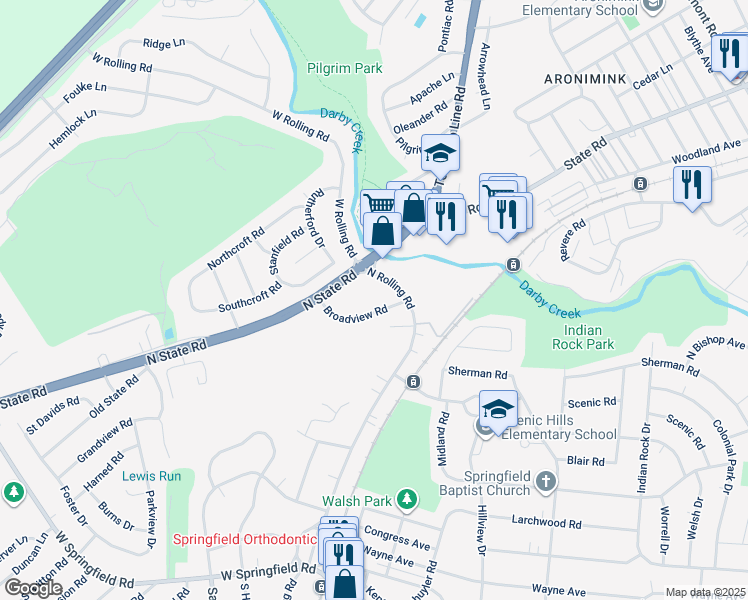 map of restaurants, bars, coffee shops, grocery stores, and more near 115 Broadview Road in Springfield