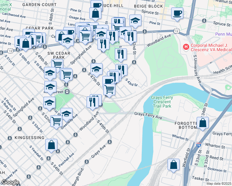 map of restaurants, bars, coffee shops, grocery stores, and more near 1324 South Markoe Street in Philadelphia