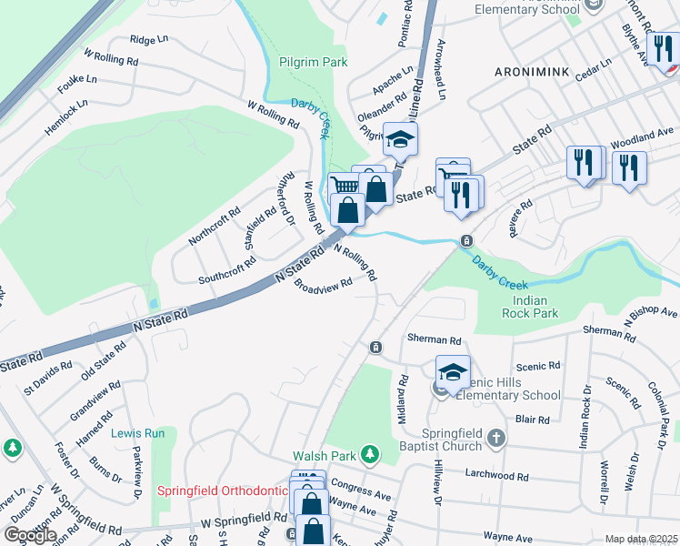 map of restaurants, bars, coffee shops, grocery stores, and more near 115 Broadview Road in Springfield