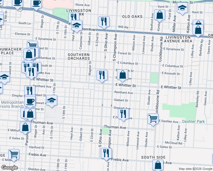 map of restaurants, bars, coffee shops, grocery stores, and more near 955 East Whittier Street in Columbus