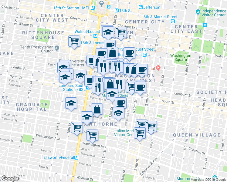 map of restaurants, bars, coffee shops, grocery stores, and more near 514 South 12th Street in Philadelphia
