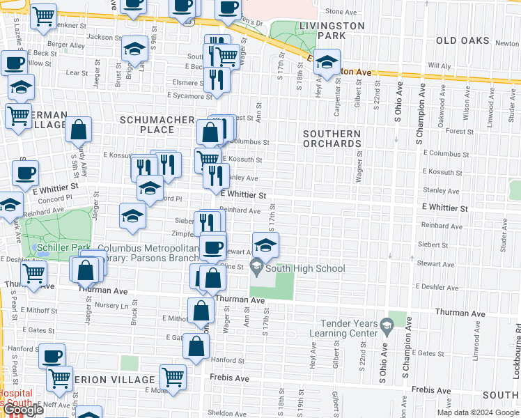 map of restaurants, bars, coffee shops, grocery stores, and more near 618 Reinhard Avenue in Columbus