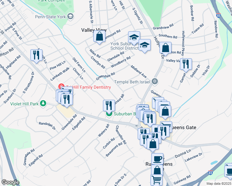 map of restaurants, bars, coffee shops, grocery stores, and more near 1847 Chesley Road in York