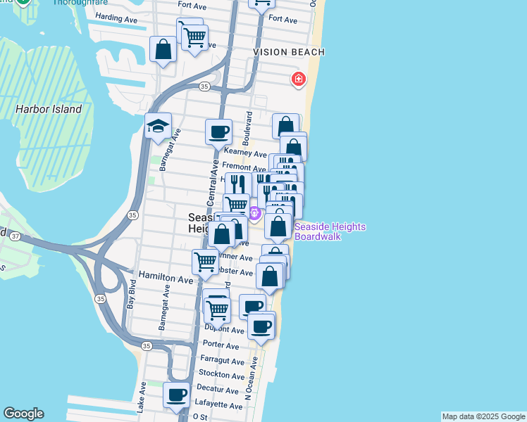 map of restaurants, bars, coffee shops, grocery stores, and more near 36 Sherman Avenue in Seaside Heights