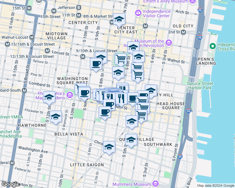 map of restaurants, bars, coffee shops, grocery stores, and more near 612 Addison Street in Philadelphia