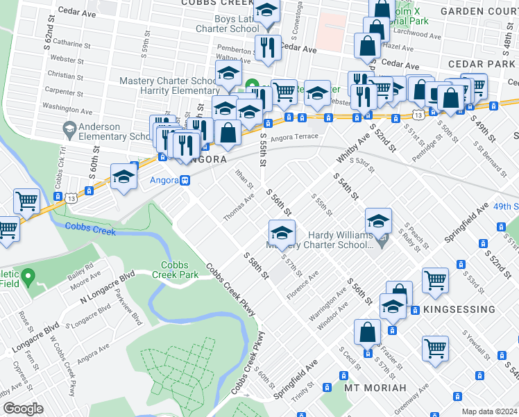 map of restaurants, bars, coffee shops, grocery stores, and more near 5634 Elliott St in Philadelphia